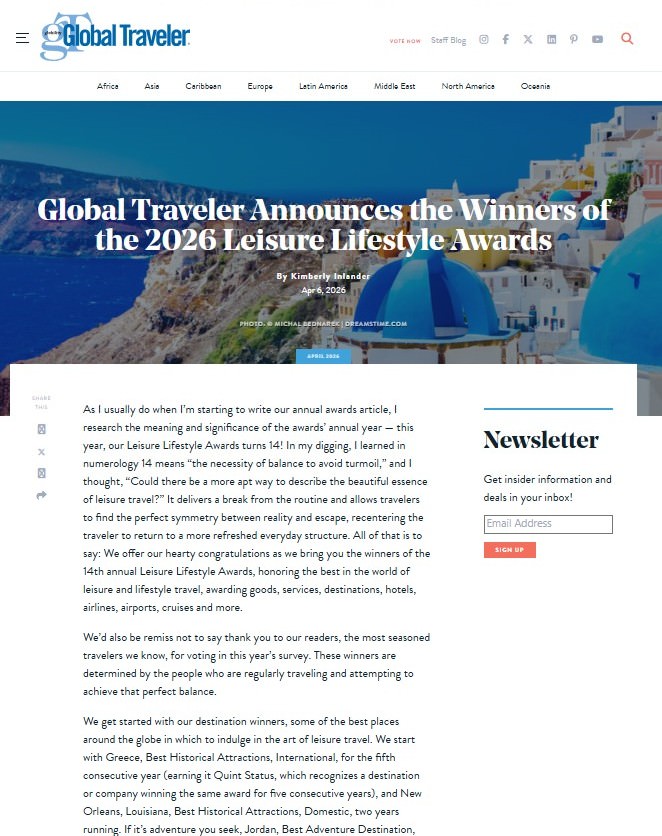 Διεθνής διάκριση για τη Σαντορίνη στα Leisure Lifestyle Awards 2026